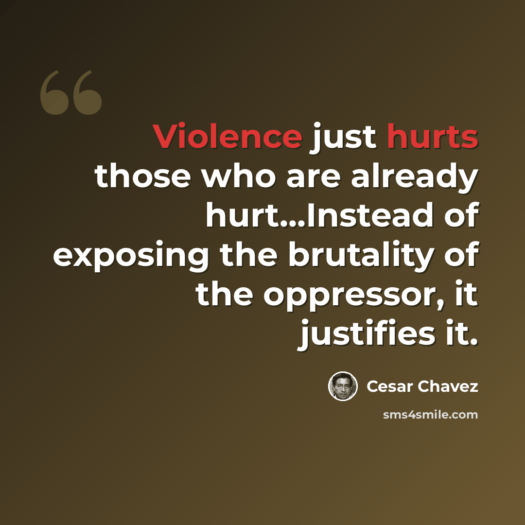 “Violence just hurts those who are already hurt...Instead of exposing the brutality of the oppressor, it justifies it.” quote by Cesar Chavez
