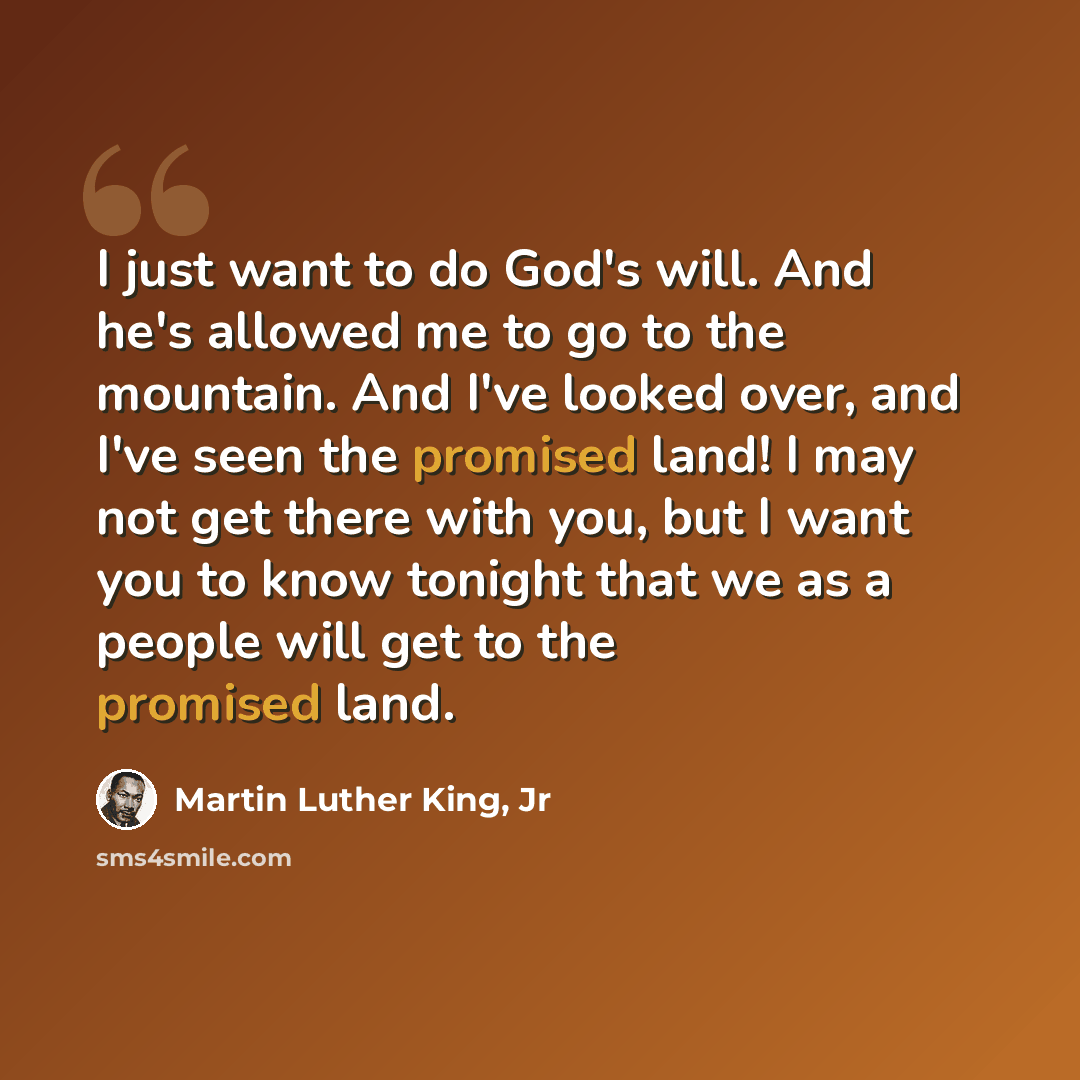 “I just want to do God's will. And he's allowed me to go to the mountain. And I've looked over, and I've seen the promised land! I may not get there with you, but I want you to know tonight that we as a people will get to the promised land.” quote by Martin Luther King, Jr