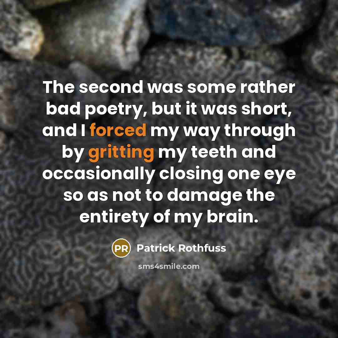 “The second was some rather bad poetry, but it was short, and I forced my way through by gritting my teeth and occasionally closing one eye so as not to damage the entirety of my brain.” quote by Patrick Rothfuss