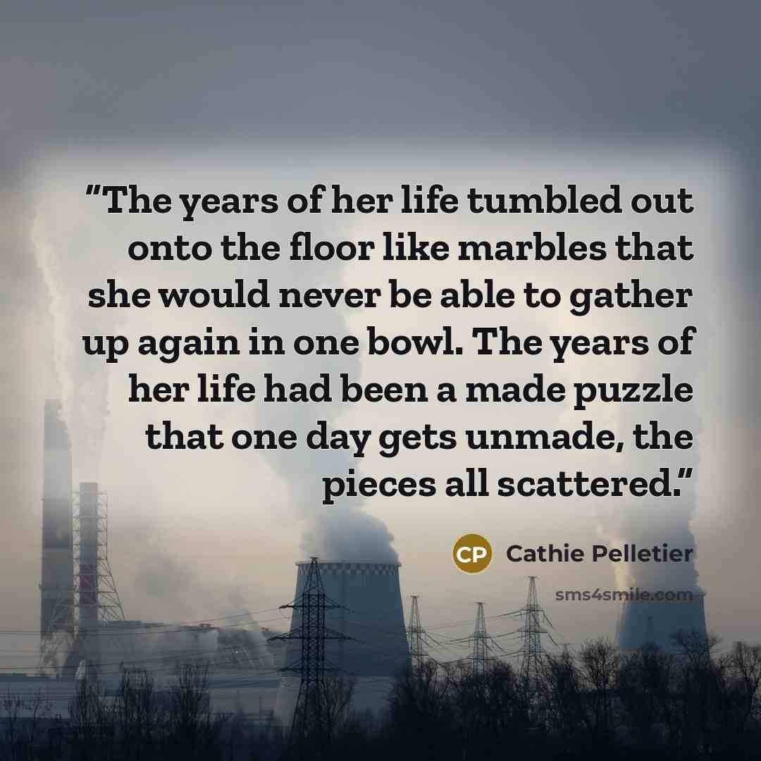 “The years of her life tumbled out onto the floor like marbles that she would never be able to gather up again in one bowl. The years of her life had been a made puzzle that one day gets unmade, the pieces all scattered.” quote by Cathie Pelletier