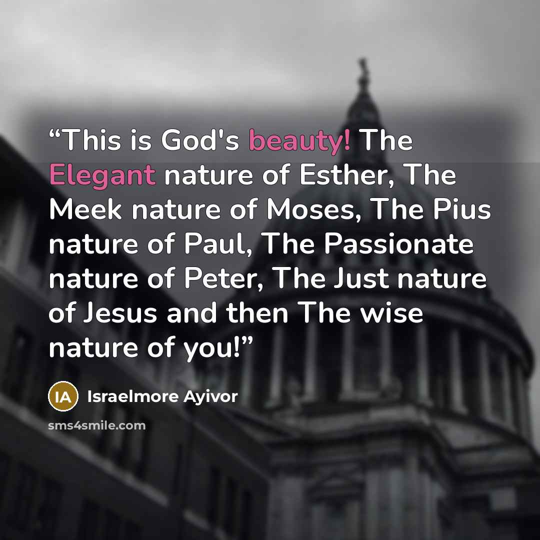 “This is God's beauty! The Elegant nature of Esther, The Meek nature of Moses, The Pius nature of Paul, The Passionate nature of Peter, The Just nature of Jesus and then The wise nature of you!” quote by Israelmore Ayivor