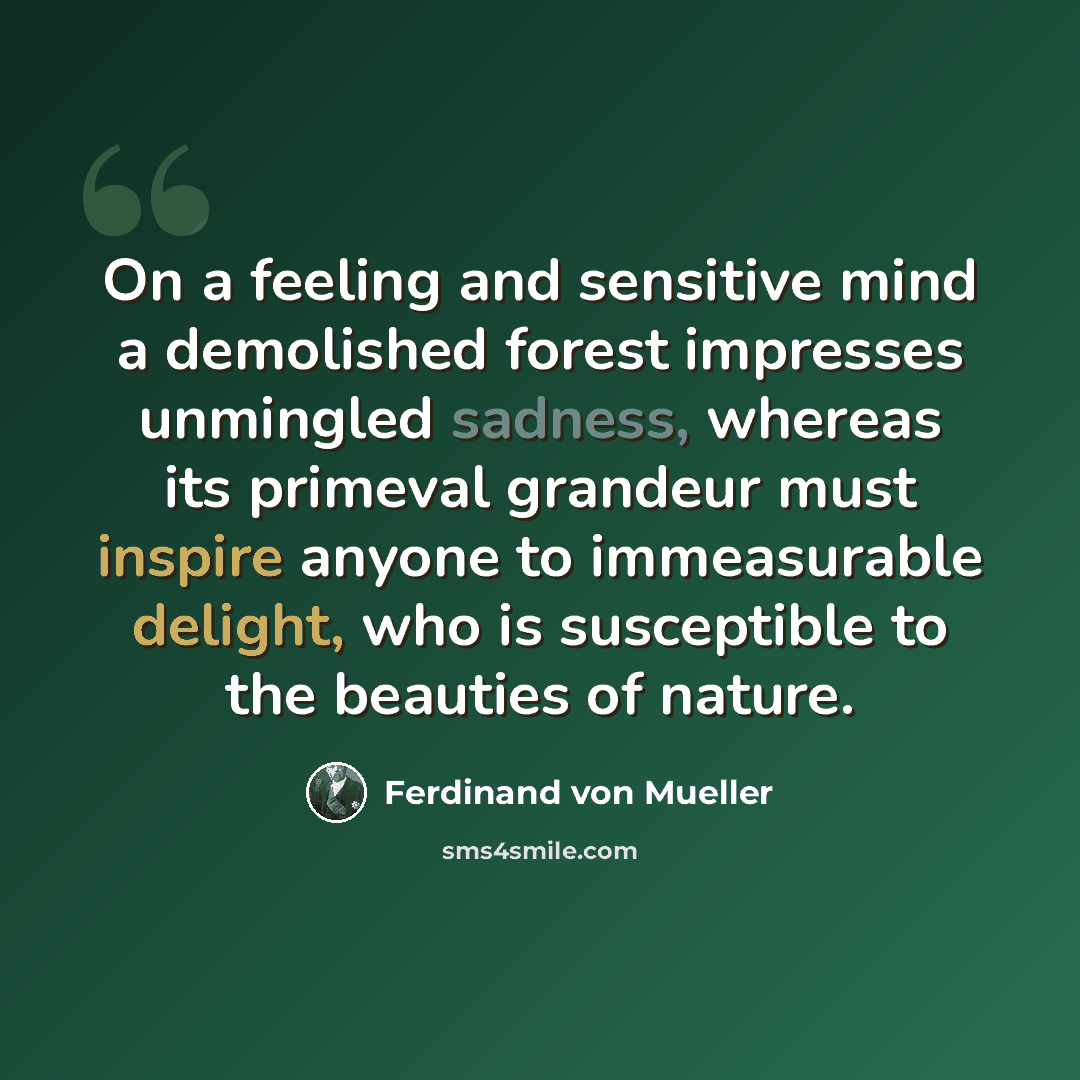 “On a feeling and sensitive mind a demolished forest impresses unmingled sadness, whereas its primeval grandeur must inspire anyone to immeasurable delight, who is susceptible to the beauties of nature.” quote by Ferdinand von Mueller