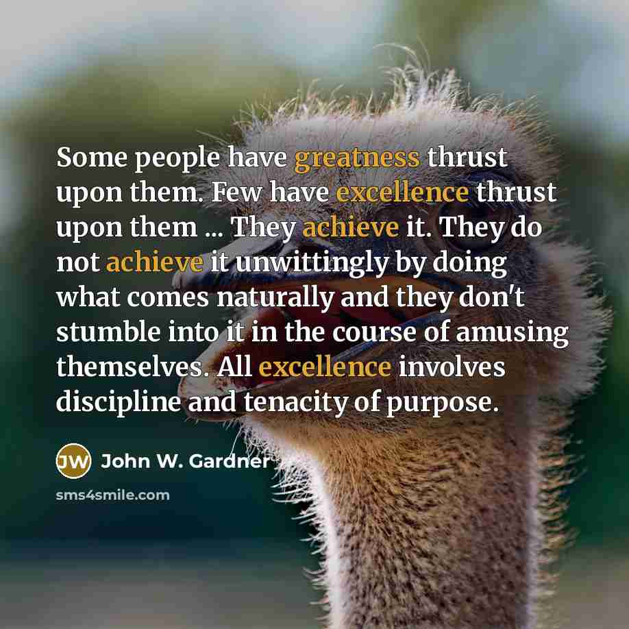 “Some people have greatness thrust upon them. Few have excellence thrust upon them ... They achieve it. They do not achieve it unwittingly by doing what comes naturally and they don't stumble into it in the course of amusing themselves. All excellence involves discipline and tenacity of purpose.” quote by John W. Gardner