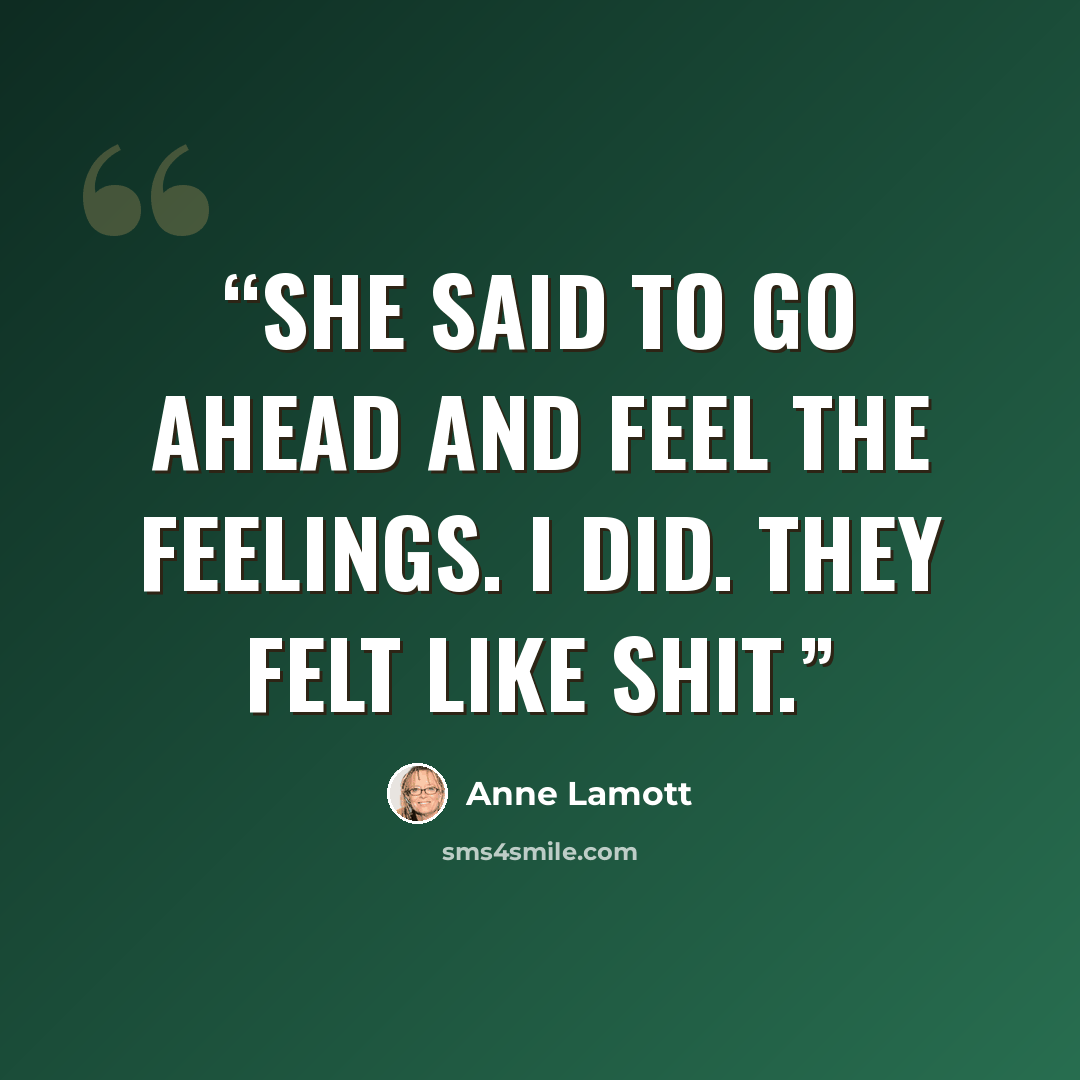 “She said to go ahead and feel the feelings. I did. They felt like shit.” quote by Anne Lamott
