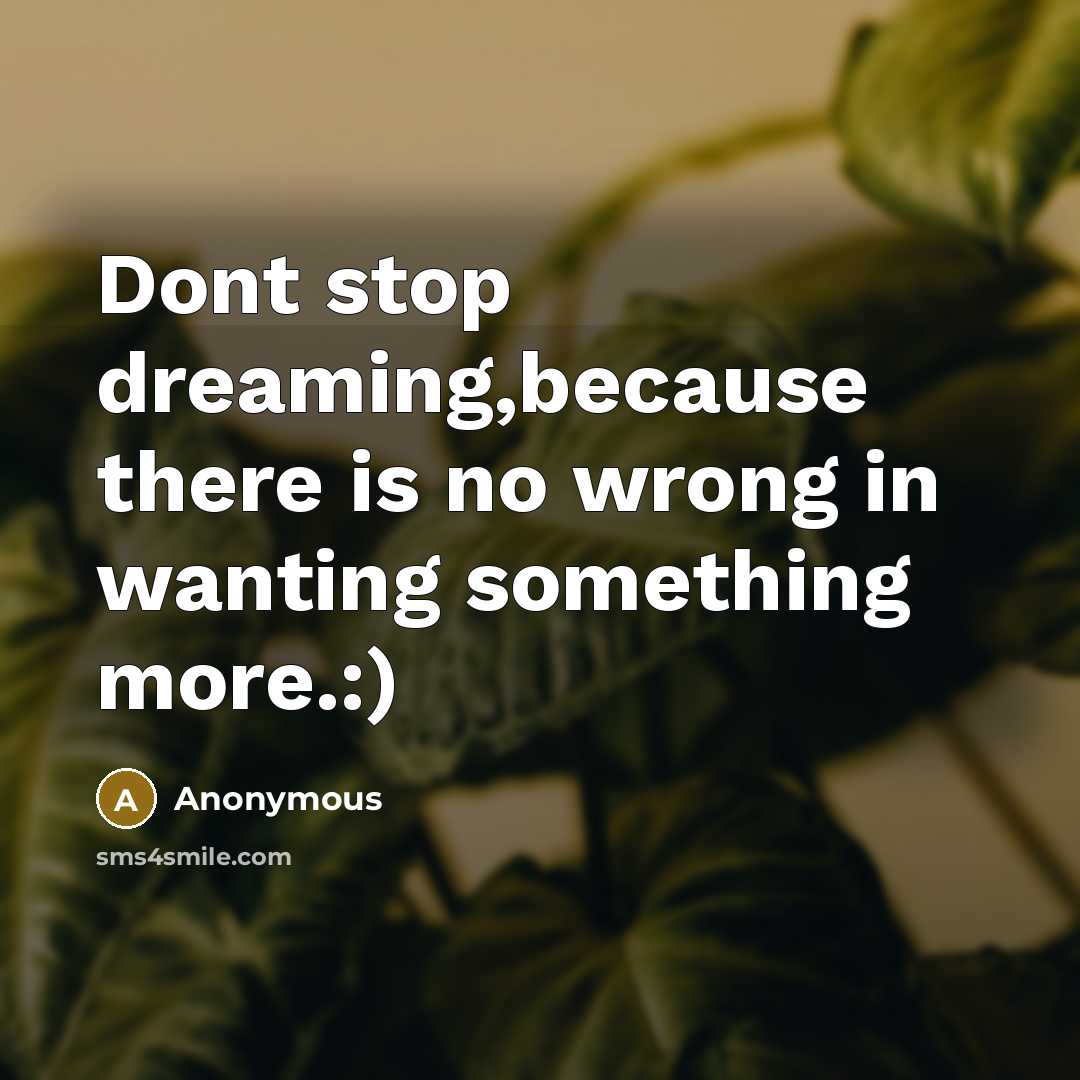 “Dont stop dreaming,because there is no wrong in wanting something more.:)” quote by Anonymous