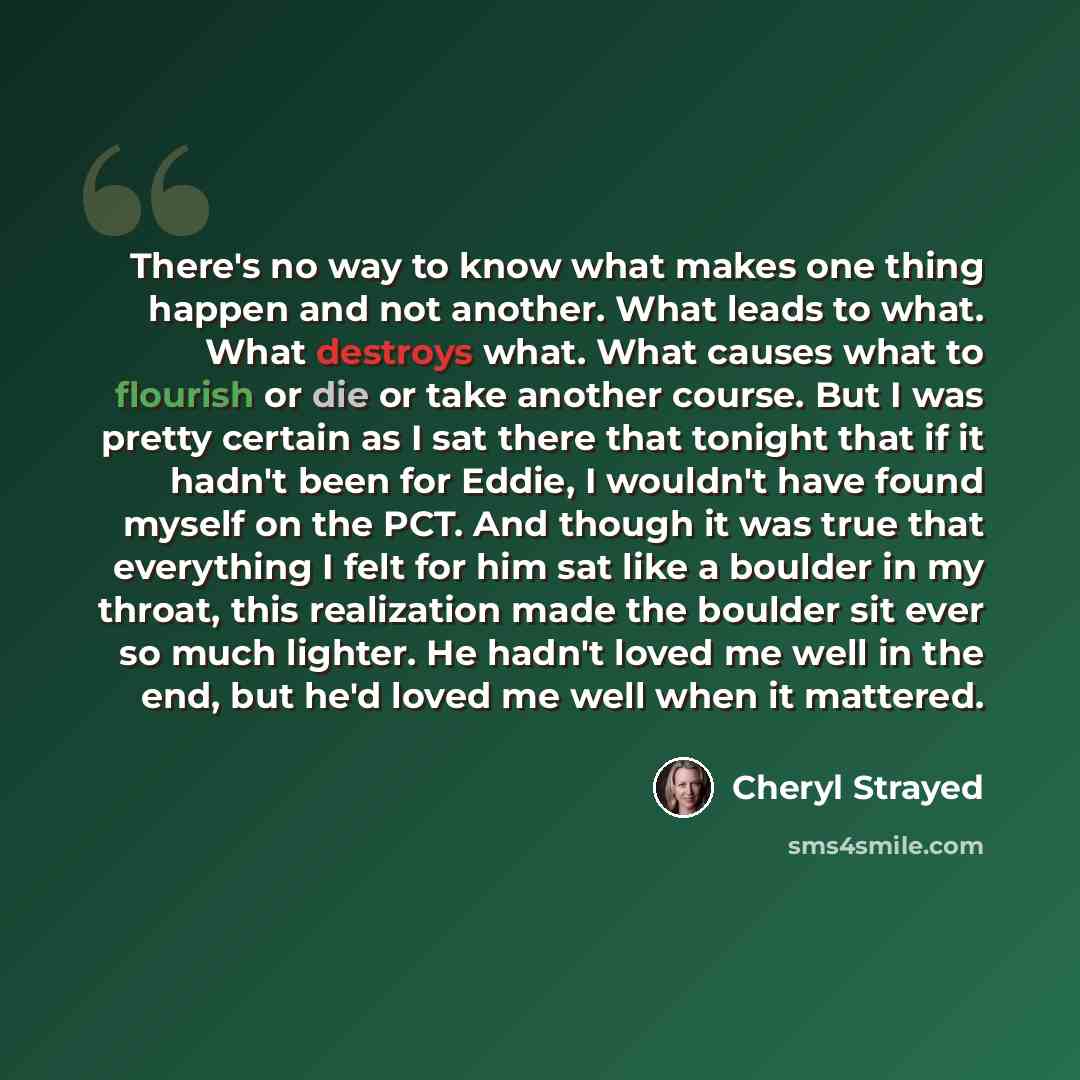 “There's no way to know what makes one thing happen and not another. What leads to what. What destroys what. What causes what to flourish or die or take another course. But I was pretty certain as I sat there that tonight that if it hadn't been for Eddie, I wouldn't have found myself on the PCT…” quote by Cheryl Strayed