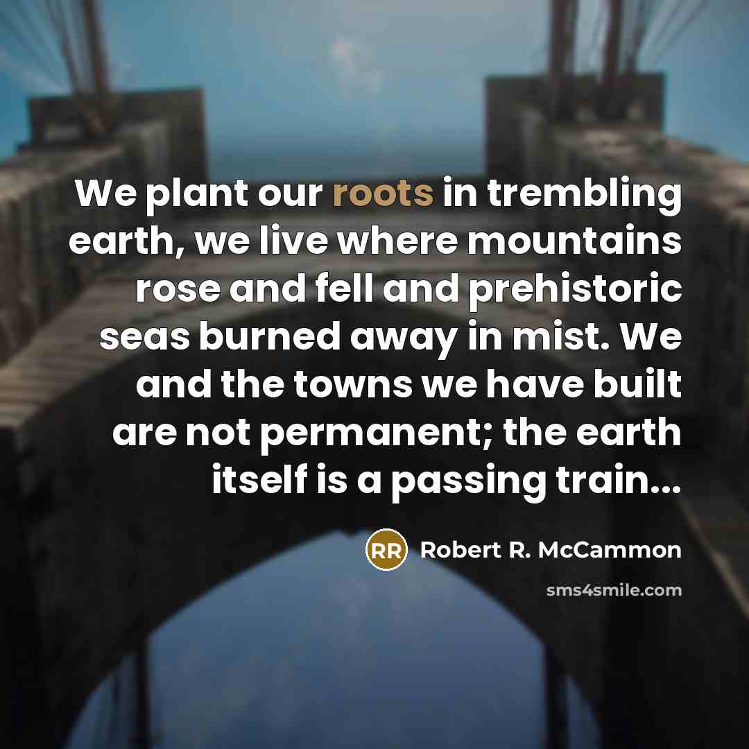 “We plant our roots in trembling earth, we live where mountains rose and fell and prehistoric seas burned away in mist. We and the towns we have built are not permanent; the earth itself is a passing train...” quote by Robert R. McCammon