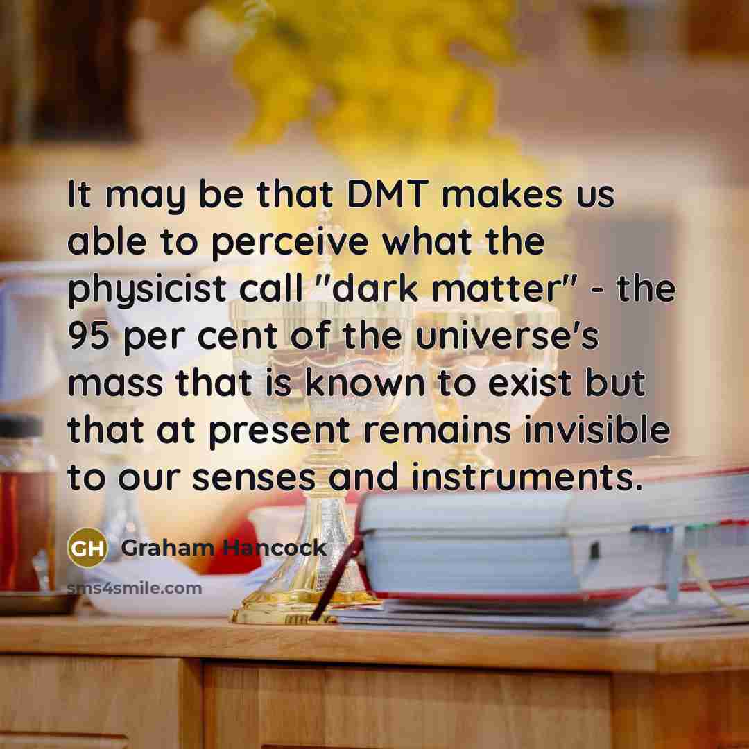 “It may be that DMT makes us able to perceive what the physicist call "dark matter" - the 95 per cent of the universe's mass that is known to exist but that at present remains invisible to our senses and instruments.” quote by Graham Hancock