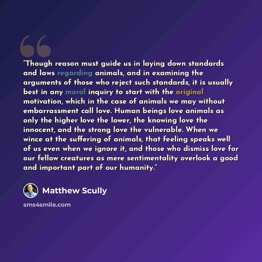 “Though reason must guide us in laying down standards and laws regarding animals, and in examining the arguments of those who reject such standards, it is usually best in any moral inquiry to start with the original motivation, which in the case of animals we may without embarrassment call love…” quote by Matthew Scully