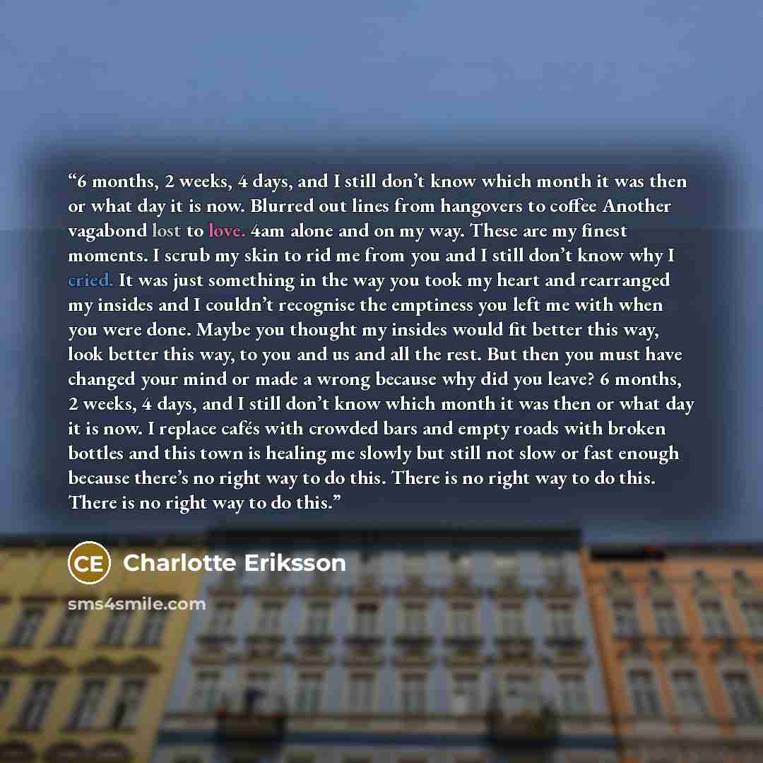 “6 months, 2 weeks, 4 days, and I still don’t know which month it was then or what day it is now. Blurred out lines from hangovers to coffee Another vagabond lost to love. 4am alone and on my way. These are my finest moments. I scrub my skin to rid me from you and I still don’t know why I cried. It…” quote by Charlotte Eriksson