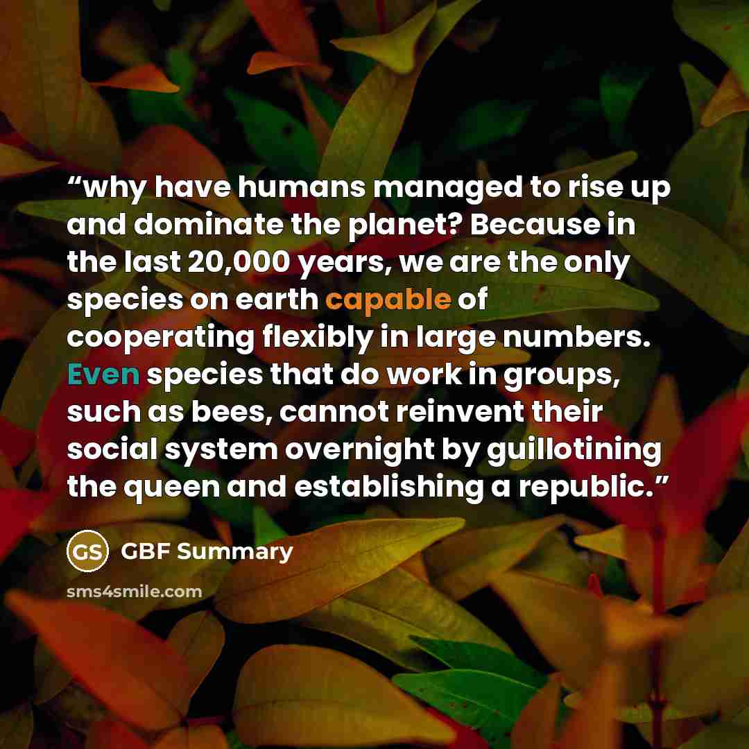 “why have humans managed to rise up and dominate the planet? Because in the last 20,000 years, we are the only species on earth capable of cooperating flexibly in large numbers. Even species that do work in groups, such as bees, cannot reinvent their social system overnight by guillotining the…” quote by GBF Summary
