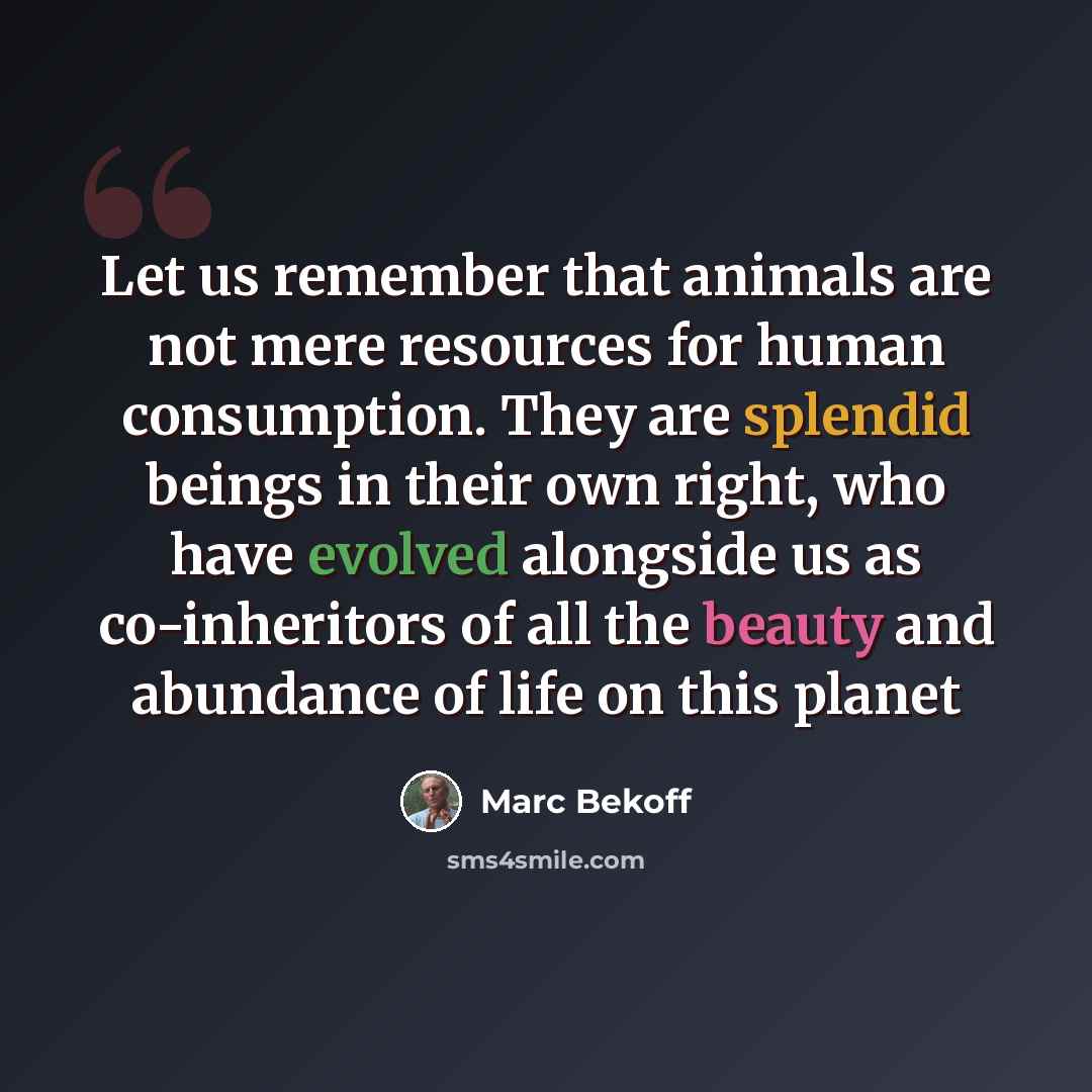 “Let us remember that animals are not mere resources for human consumption. They are splendid beings in their own right, who have evolved alongside us as co-inheritors of all the beauty and abundance of life on this planet” quote by Marc Bekoff