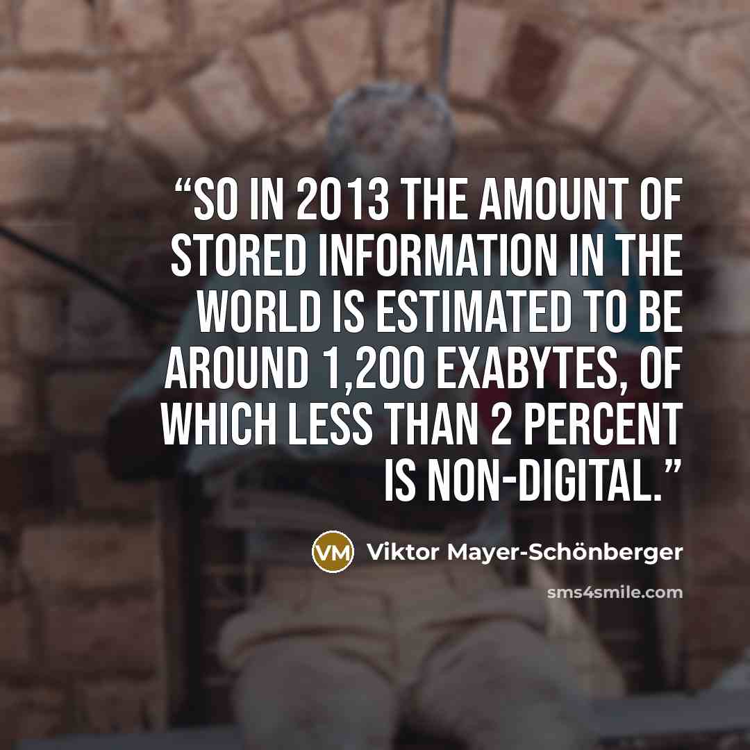 “So in 2013 the amount of stored information in the world is estimated to be around 1,200 exabytes, of which less than 2 percent is non-digital.” quote by Viktor Mayer-Schönberger