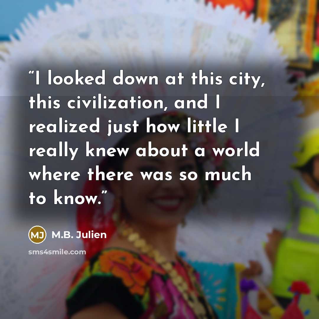 “I looked down at this city, this civilization, and I realized just how little I really knew about a world where there was so much to know.” quote by M.B. Julien