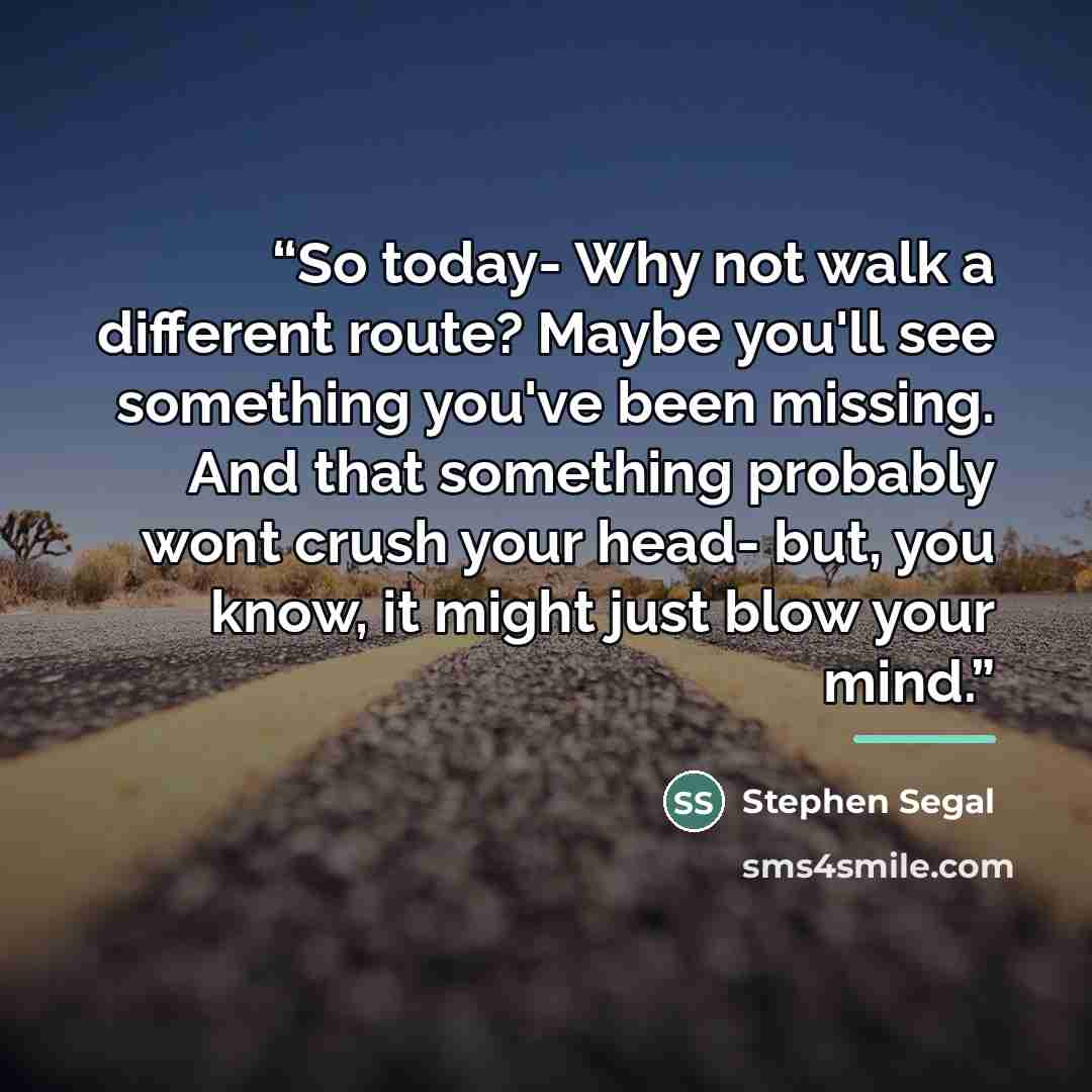 “So today- Why not walk a different route? Maybe you'll see something you've been missing. And that something probably wont crush your head- but, you know, it might just blow your mind.” quote by Stephen Segal