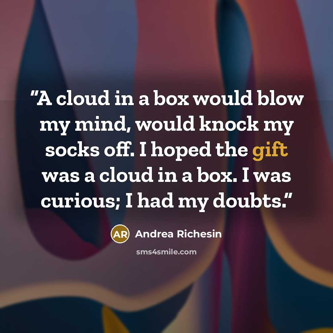 “A cloud in a box would blow my mind, would knock my socks off. I hoped the gift was a cloud in a box. I was curious; I had my doubts.” quote by Andrea Richesin