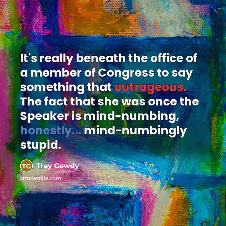 “It's really beneath the office of a member of Congress to say something that outrageous. The fact that she was once the Speaker is mind-numbing, honestly... mind-numbingly stupid.” quote by Trey Gowdy