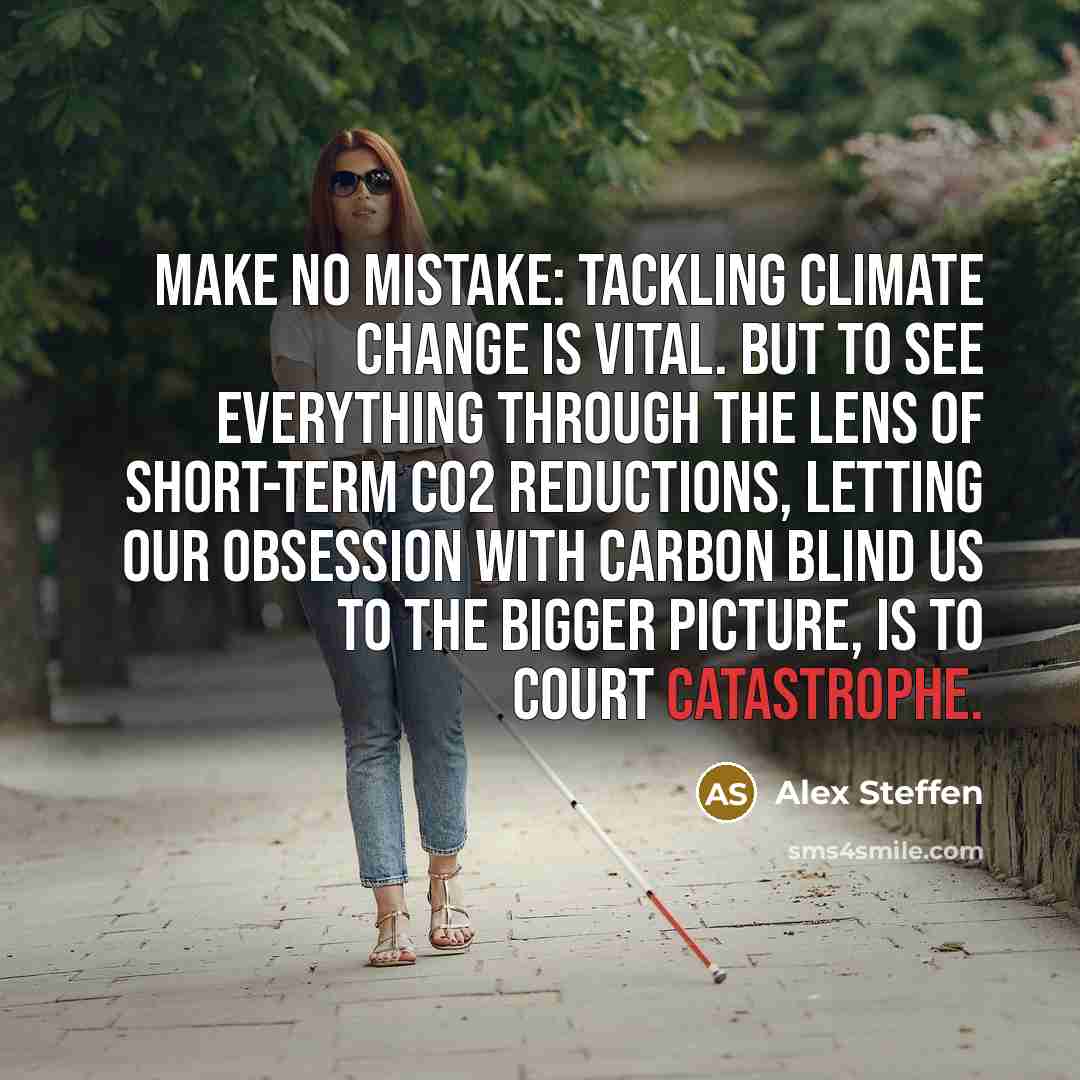 “Make no mistake: Tackling climate change is vital. But to see everything through the lens of short-term CO2 reductions, letting our obsession with carbon blind us to the bigger picture, is to court catastrophe.” quote by Alex Steffen
