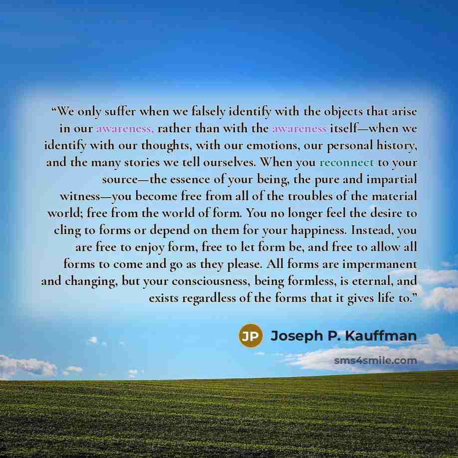 “We only suffer when we falsely identify with the objects that arise in our awareness, rather than with the awareness itself—when we identify with our thoughts, with our emotions, our personal history, and the many stories we tell ourselves. When you reconnect to your source—the essence of your…” quote by Joseph P. Kauffman
