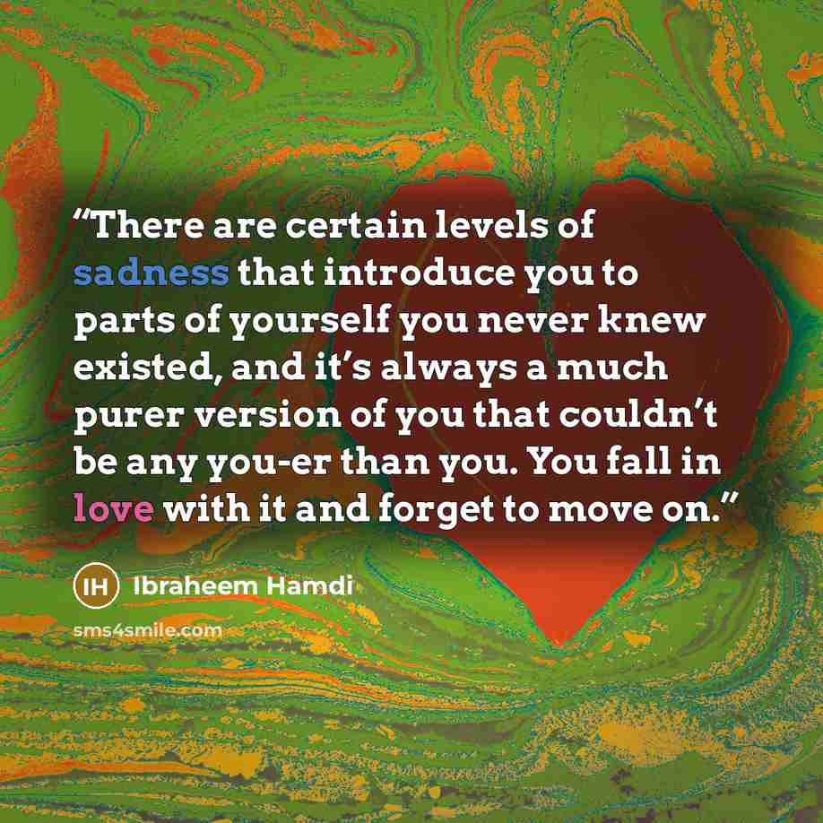 “There are certain levels of sadness that introduce you to parts of yourself you never knew existed, and it’s always a much purer version of you that couldn’t be any you-er than you. You fall in love with it and forget to move on.” quote by Ibraheem Hamdi