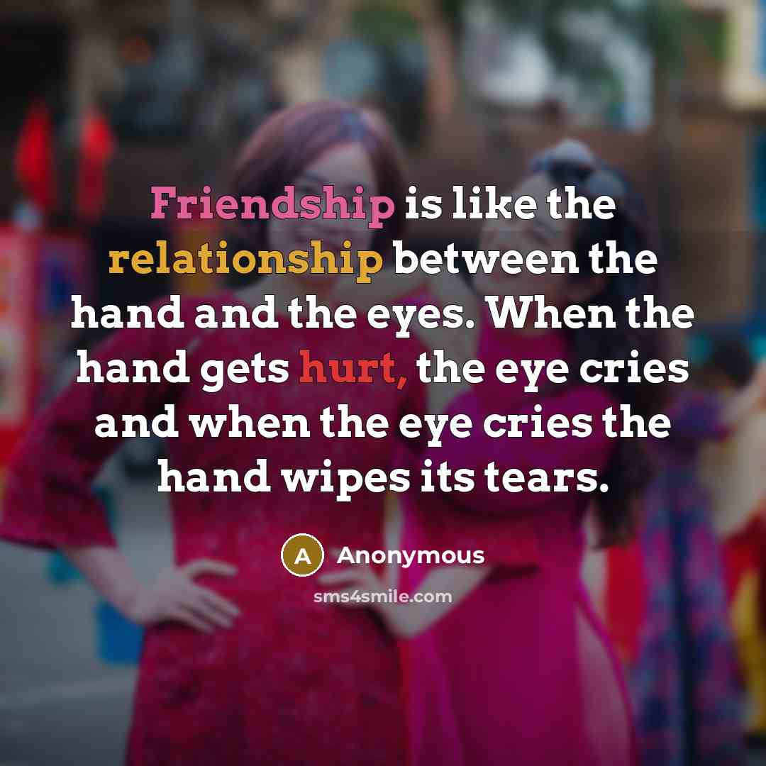 “Friendship is like the relationship between the hand and the eyes. When the hand gets hurt, the eye cries and when the eye cries the hand wipes its tears.” quote by Anonymous