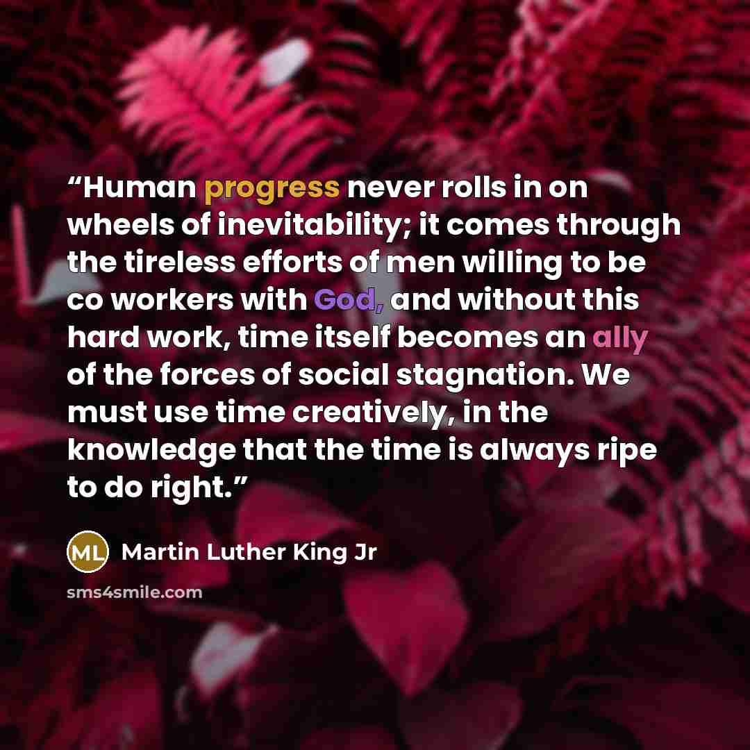 “Human progress never rolls in on wheels of inevitability; it comes through the tireless efforts of men willing to be co workers with God, and without this hard work, time itself becomes an ally of the forces of social stagnation. We must use time creatively, in the knowledge that the time is…” quote by Martin Luther King Jr