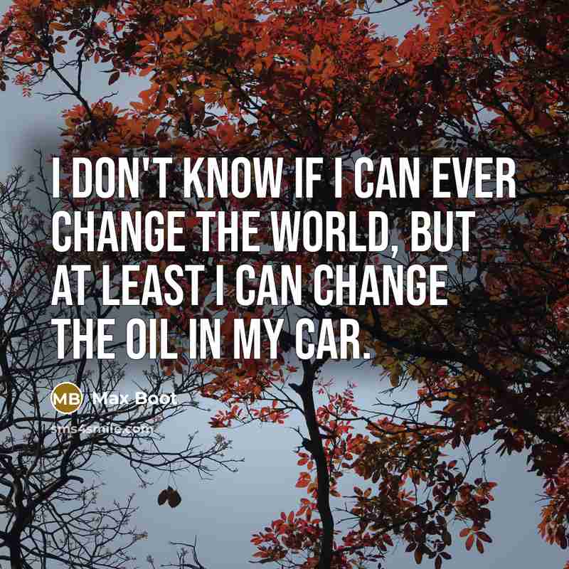 “I don't know if I can ever change the world, but at least I can change the oil in my car.” quote by Max Boot