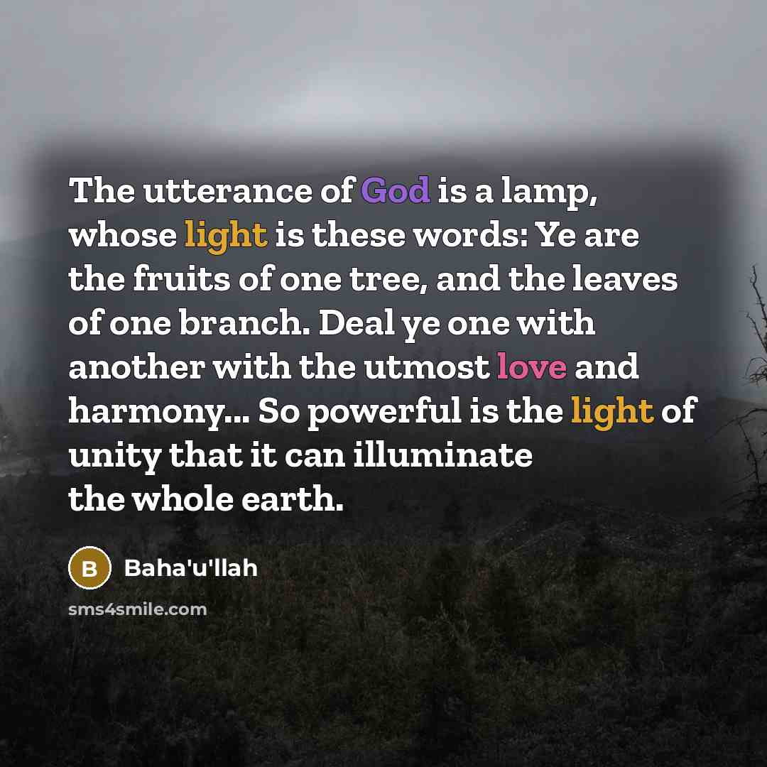 “The utterance of God is a lamp, whose light is these words: Ye are the fruits of one tree, and the leaves of one branch. Deal ye one with another with the utmost love and harmony... So powerful is the light of unity that it can illuminate the whole earth.” quote by Bahá'u'lláh