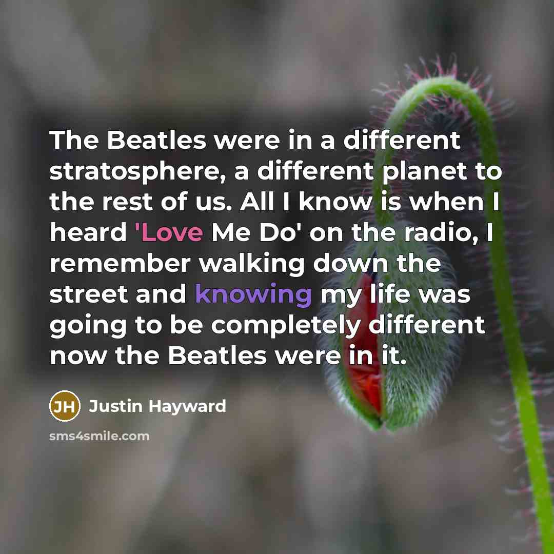 “The Beatles were in a different stratosphere, a different planet to the rest of us. All I know is when I heard 'Love Me Do' on the radio, I remember walking down the street and knowing my life was going to be completely different now the Beatles were in it.” quote by Justin Hayward