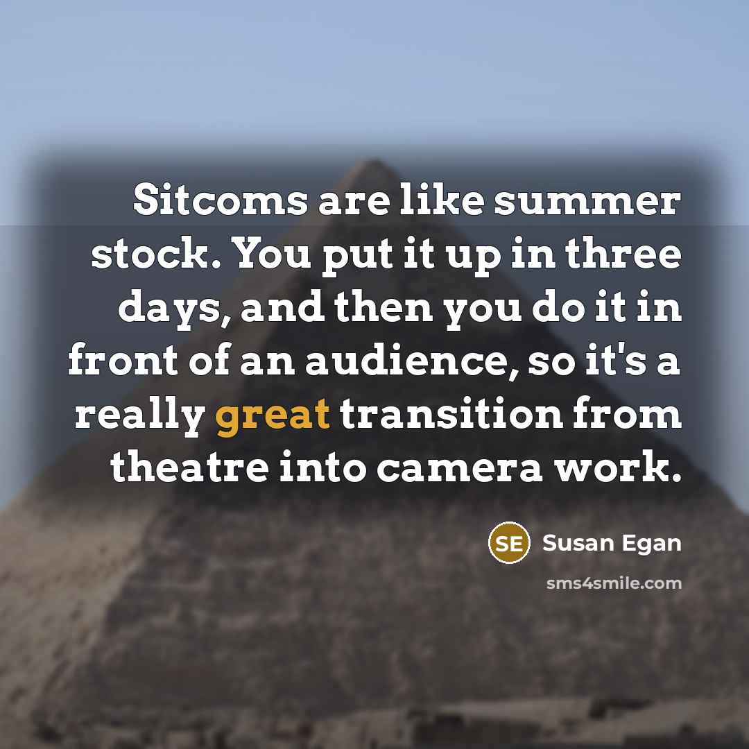 “Sitcoms are like summer stock. You put it up in three days, and then you do it in front of an audience, so it's a really great transition from theatre into camera work.” quote by Susan Egan