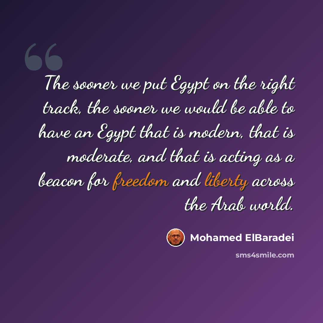 “The sooner we put Egypt on the right track, the sooner we would be able to have an Egypt that is modern, that is moderate, and that is acting as a beacon for freedom and liberty across the Arab world.” quote by Mohamed ElBaradei