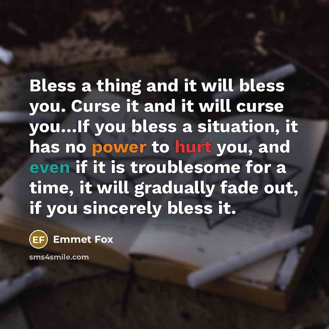 “Bless a thing and it will bless you. Curse it and it will curse you…If you bless a situation, it has no power to hurt you, and even if it is troublesome for a time, it will gradually fade out, if you sincerely bless it.” quote by Emmet Fox