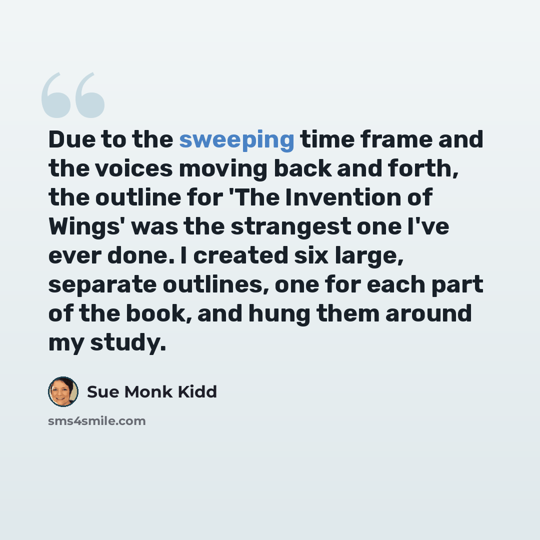 “Due to the sweeping time frame and the voices moving back and forth, the outline for 'The Invention of Wings' was the strangest one I've ever done. I created six large, separate outlines, one for each part of the book, and hung them around my study.” quote by Sue Monk Kidd