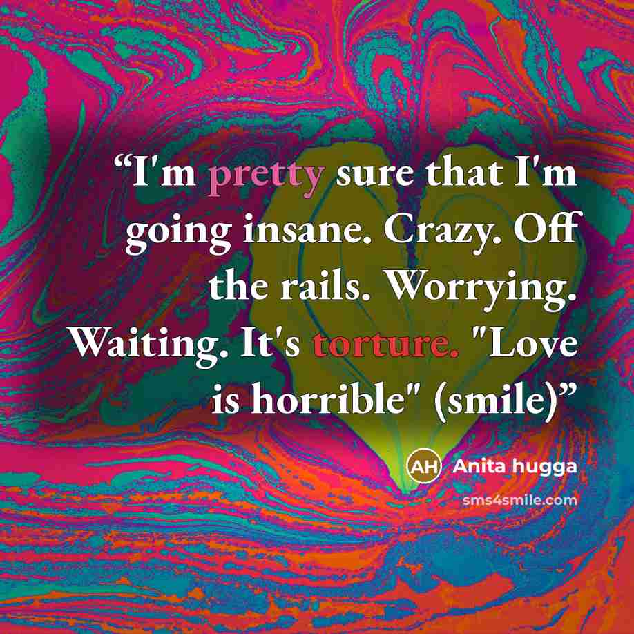 “I'm pretty sure that I'm going insane. Crazy. Off the rails. Worrying. Waiting. It's torture. "Love is horrible" (smile)” quote by Anita hugga