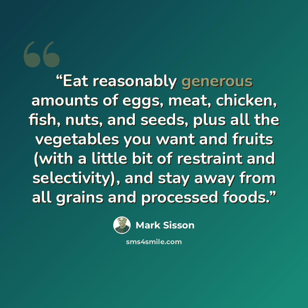 “Eat reasonably generous amounts of eggs, meat, chicken, fish, nuts, and seeds, plus all the vegetables you want and fruits (with a little bit of restraint and selectivity), and stay away from all grains and processed foods.” quote by Mark Sisson