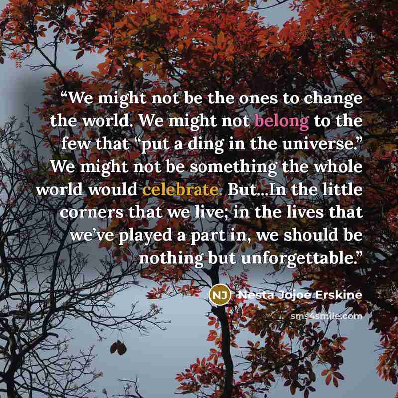 “We might not be the ones to change the world. We might not belong to the few that “put a ding in the universe.” We might not be something the whole world would celebrate. But...In the little corners that we live; in the lives that we’ve played a part in, we should be nothing but unforgettable.” quote by Nesta Jojoe Erskine