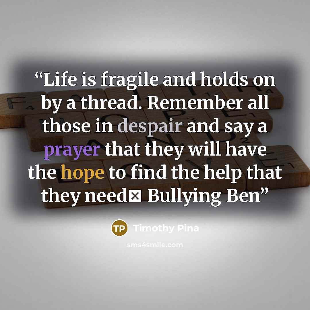 “Life is fragile and holds on by a thread. Remember all those in despair and say a prayer that they will have the hope to find the help that they need✌ Bullying Ben” quote by Timothy Pina