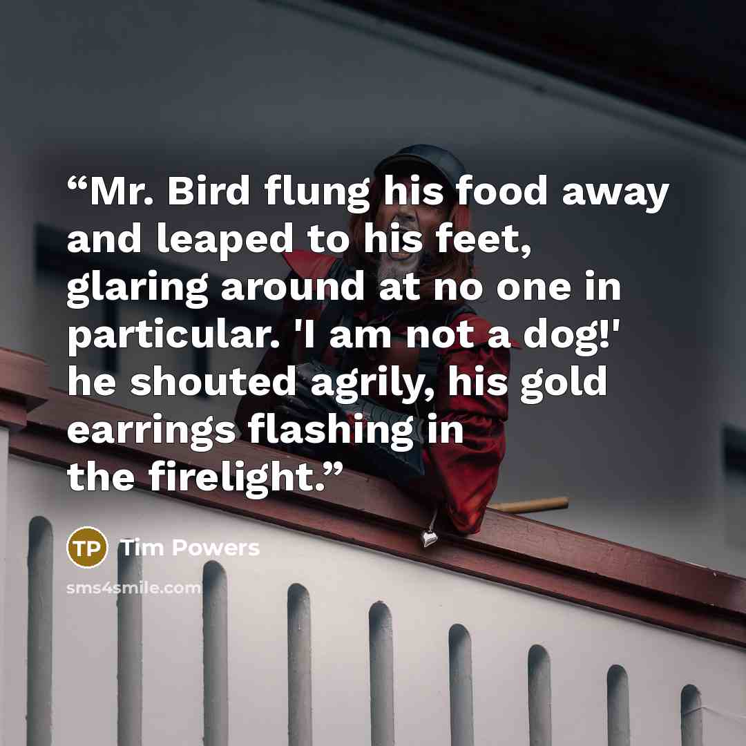 “Mr. Bird flung his food away and leaped to his feet, glaring around at no one in particular. 'I am not a dog!' he shouted agrily, his gold earrings flashing in the firelight.” quote by Tim Powers