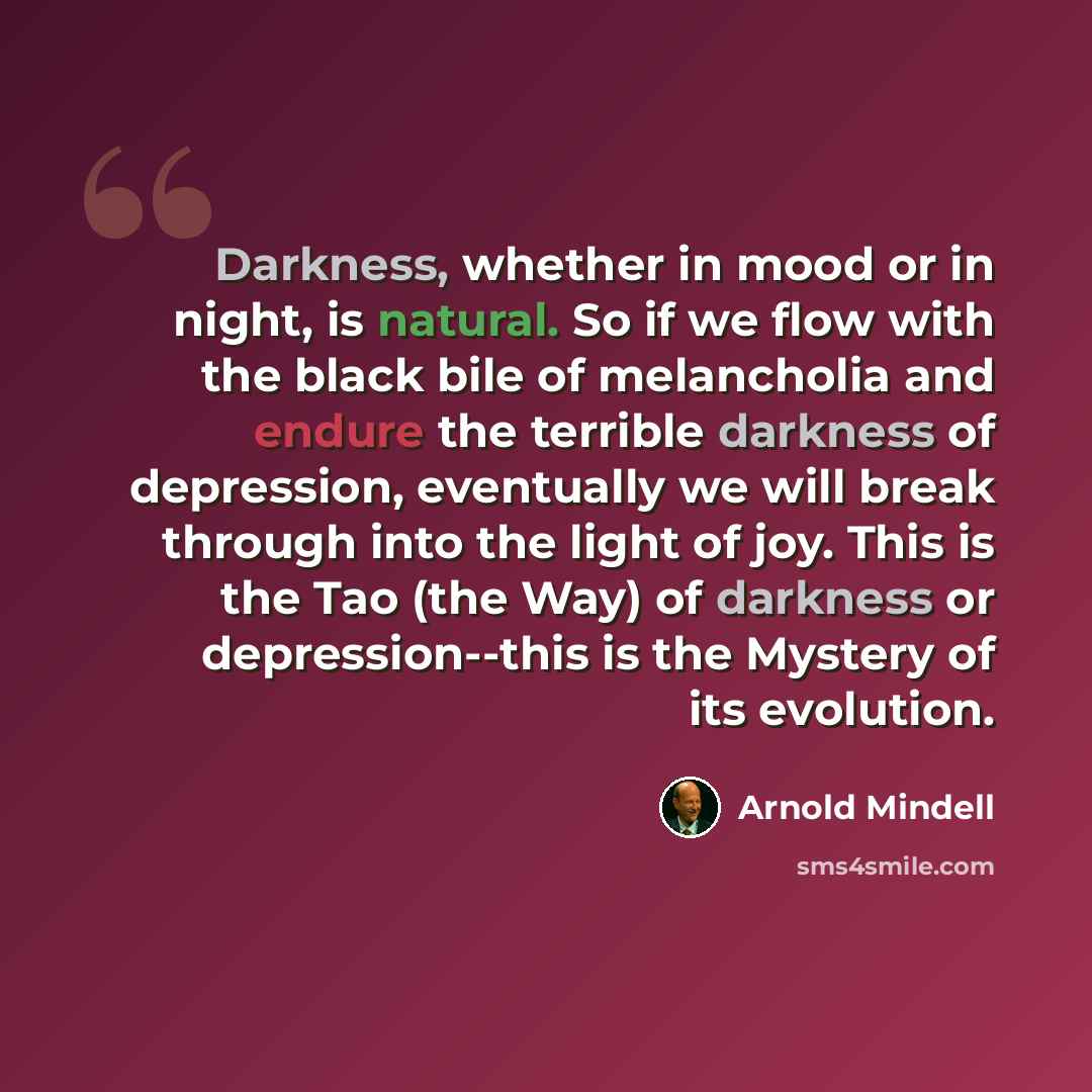 “Darkness, whether in mood or in night, is natural. So if we flow with the black bile of melancholia and endure the terrible darkness of depression, eventually we will break through into the light of joy. This is the Tao (the Way) of darkness or depression--this is the Mystery of its evolution.” quote by Arnold Mindell