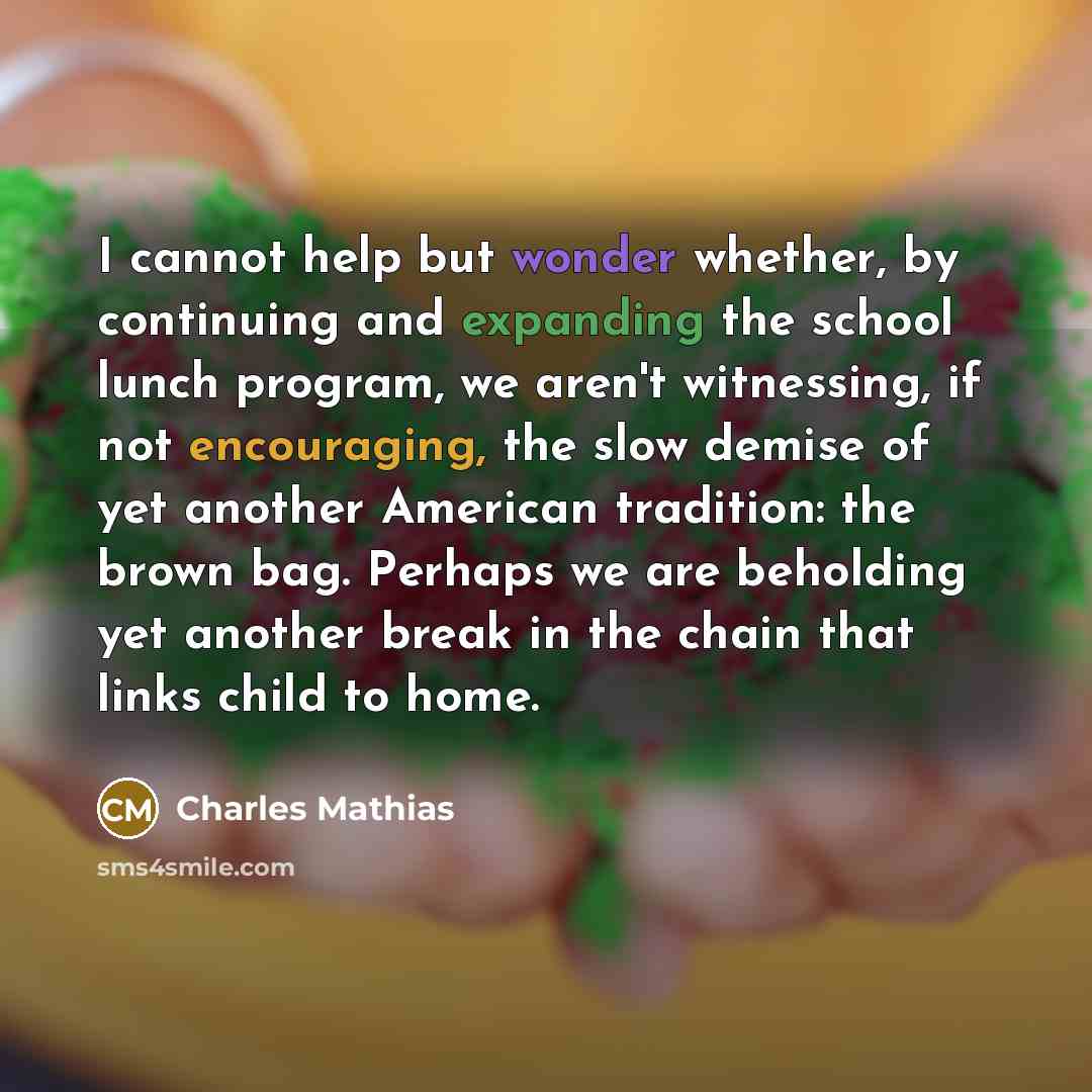 “I cannot help but wonder whether, by continuing and expanding the school lunch program, we aren't witnessing, if not encouraging, the slow demise of yet another American tradition: the brown bag. Perhaps we are beholding yet another break in the chain that links child to home.” quote by Charles Mathias