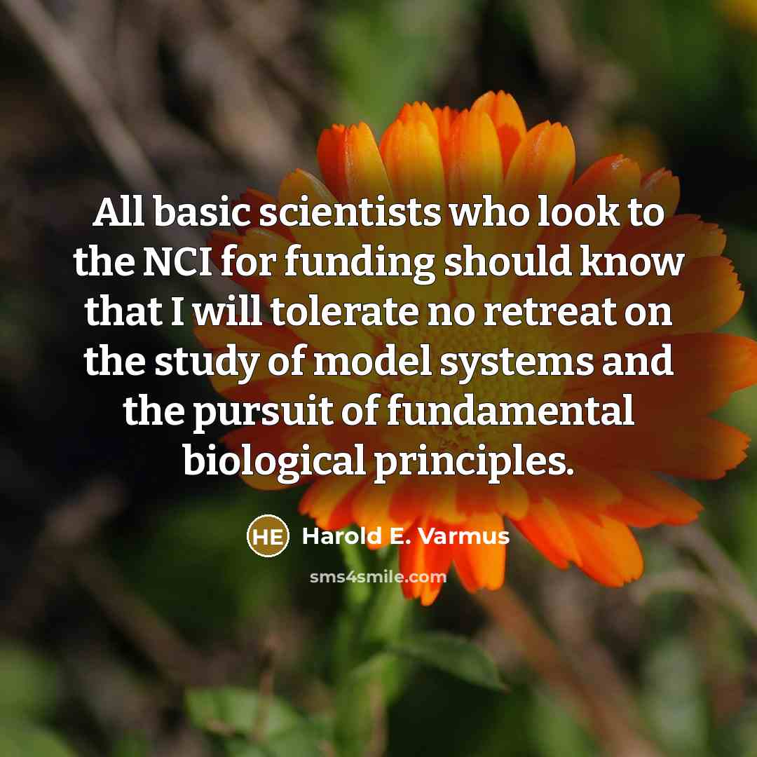 “All basic scientists who look to the NCI for funding should know that I will tolerate no retreat on the study of model systems and the pursuit of fundamental biological principles.” quote by Harold E. Varmus
