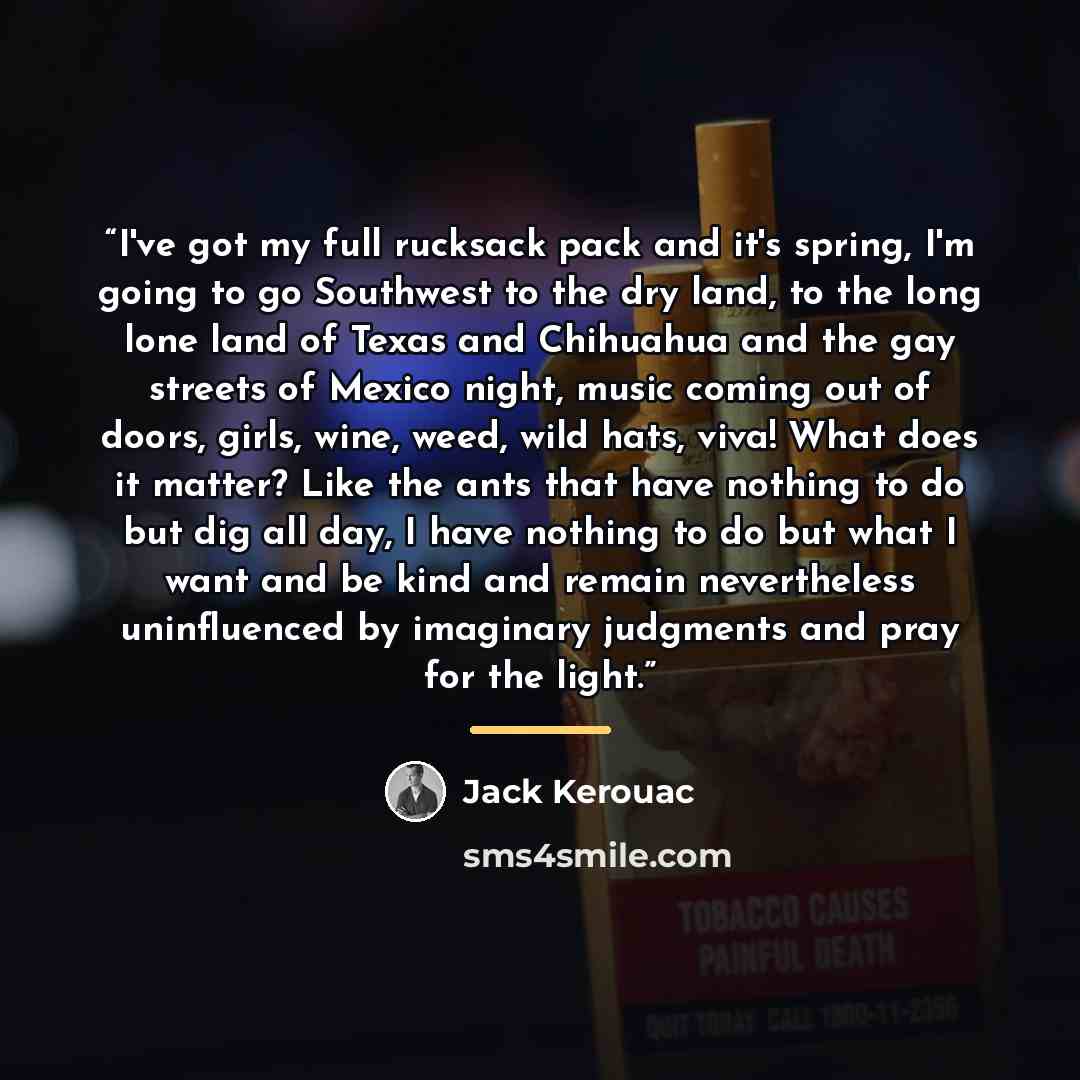 “I've got my full rucksack pack and it's spring, I'm going to go Southwest to the dry land, to the long lone land of Texas and Chihuahua and the gay streets of Mexico night, music coming out of doors, girls, wine, weed, wild hats, viva! What does it matter? Like the ants that have nothing to do but…” quote by Jack Kerouac