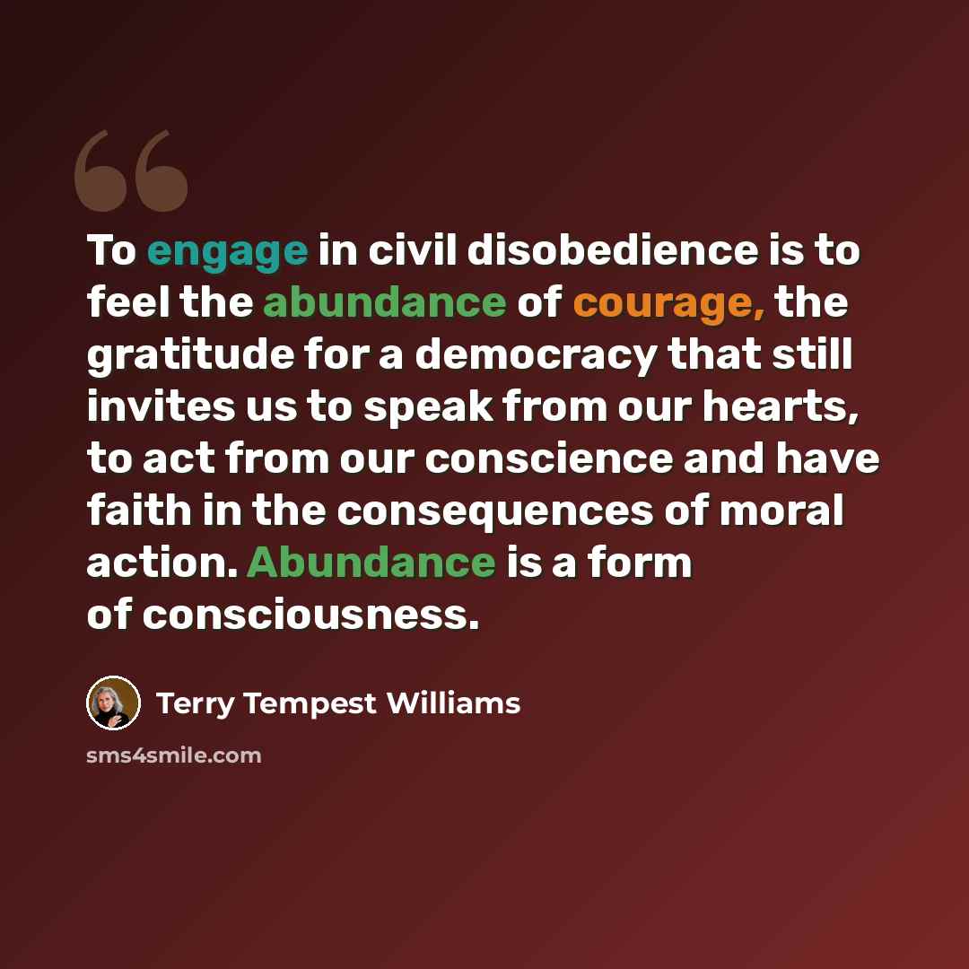 “To engage in civil disobedience is to feel the abundance of courage, the gratitude for a democracy that still invites us to speak from our hearts, to act from our conscience and have faith in the consequences of moral action. Abundance is a form of consciousness.” quote by Terry Tempest Williams