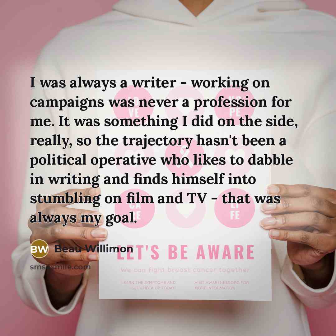 “I was always a writer - working on campaigns was never a profession for me. It was something I did on the side, really, so the trajectory hasn't been a political operative who likes to dabble in writing and finds himself into stumbling on film and TV - that was always my goal.” quote by Beau Willimon
