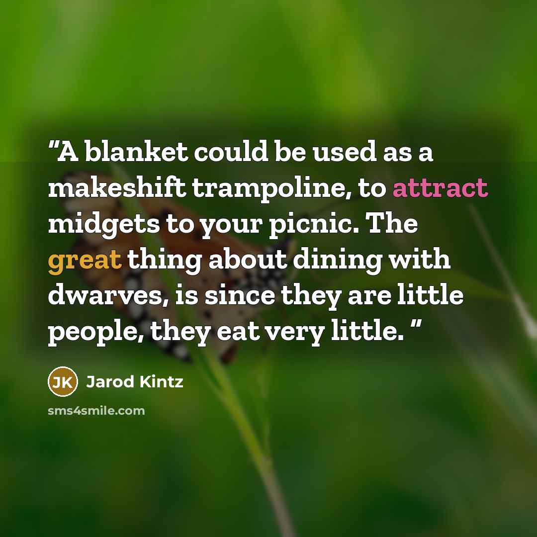“A blanket could be used as a makeshift trampoline, to attract midgets to your picnic. The great thing about dining with dwarves, is since they are little people, they eat very little.” quote by Jarod Kintz