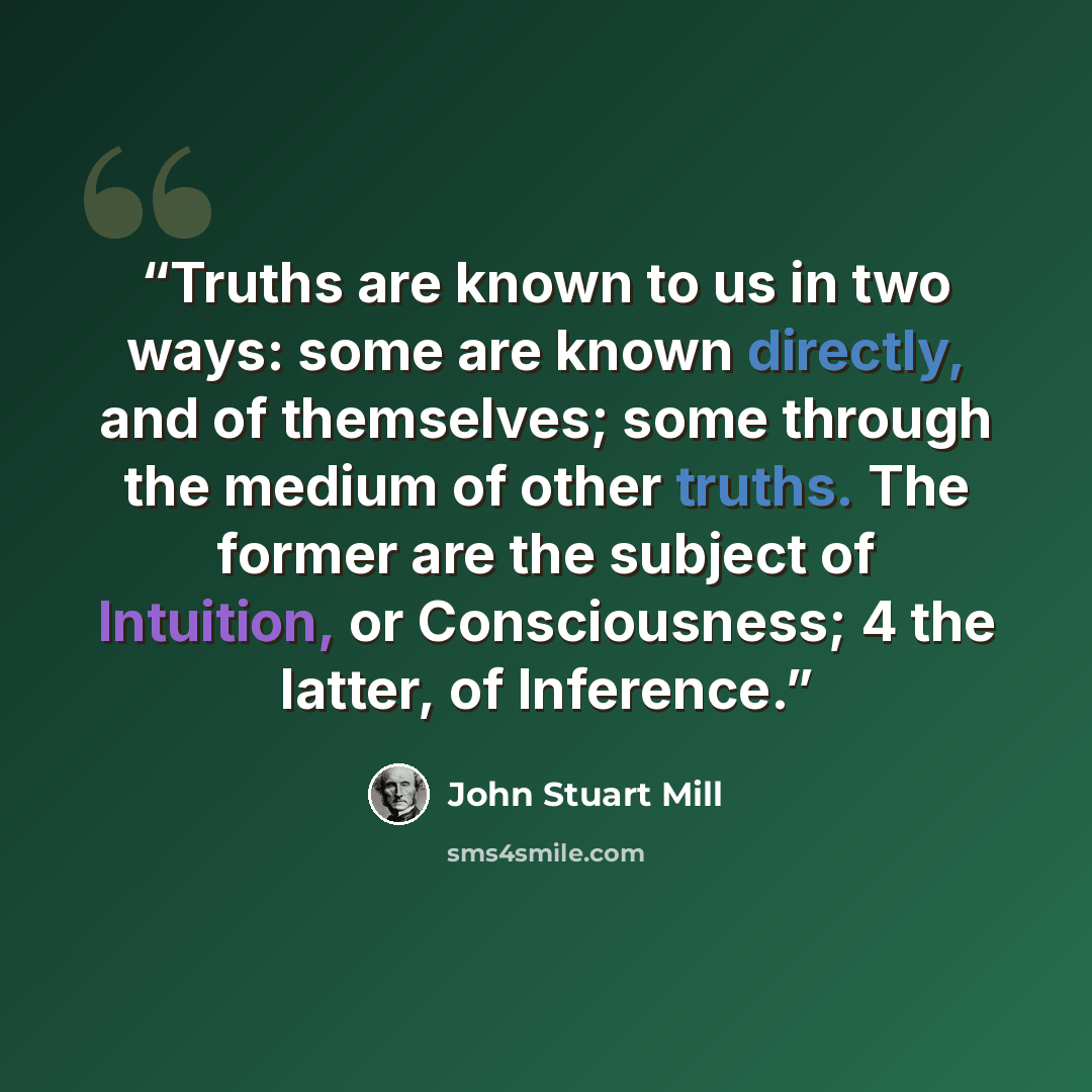 “Truths are known to us in two ways: some are known directly, and of themselves; some through the medium of other truths. The former are the subject of Intuition, or Consciousness; 4 the latter, of Inference.” quote by John Stuart Mill