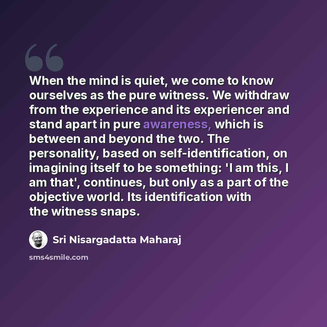 “When the mind is quiet, we come to know ourselves as the pure witness. We withdraw from the experience and its experiencer and stand apart in pure awareness, which is between and beyond the two. The personality, based on self-identification, on imagining itself to be something: 'I am this, I am…” quote by Sri Nisargadatta Maharaj
