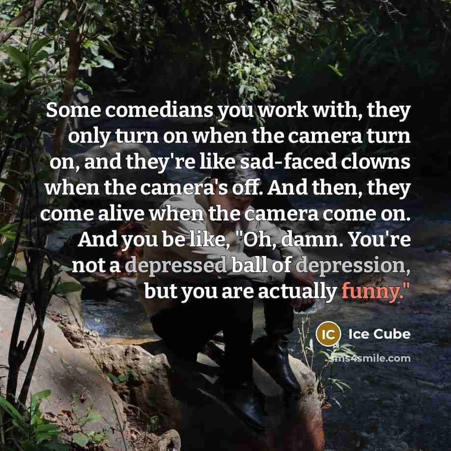“Some comedians you work with, they only turn on when the camera turn on, and they're like sad-faced clowns when the camera's off. And then, they come alive when the camera come on. And you be like, "Oh, damn. You're not a depressed ball of depression, but you are actually funny."” quote by Ice Cube