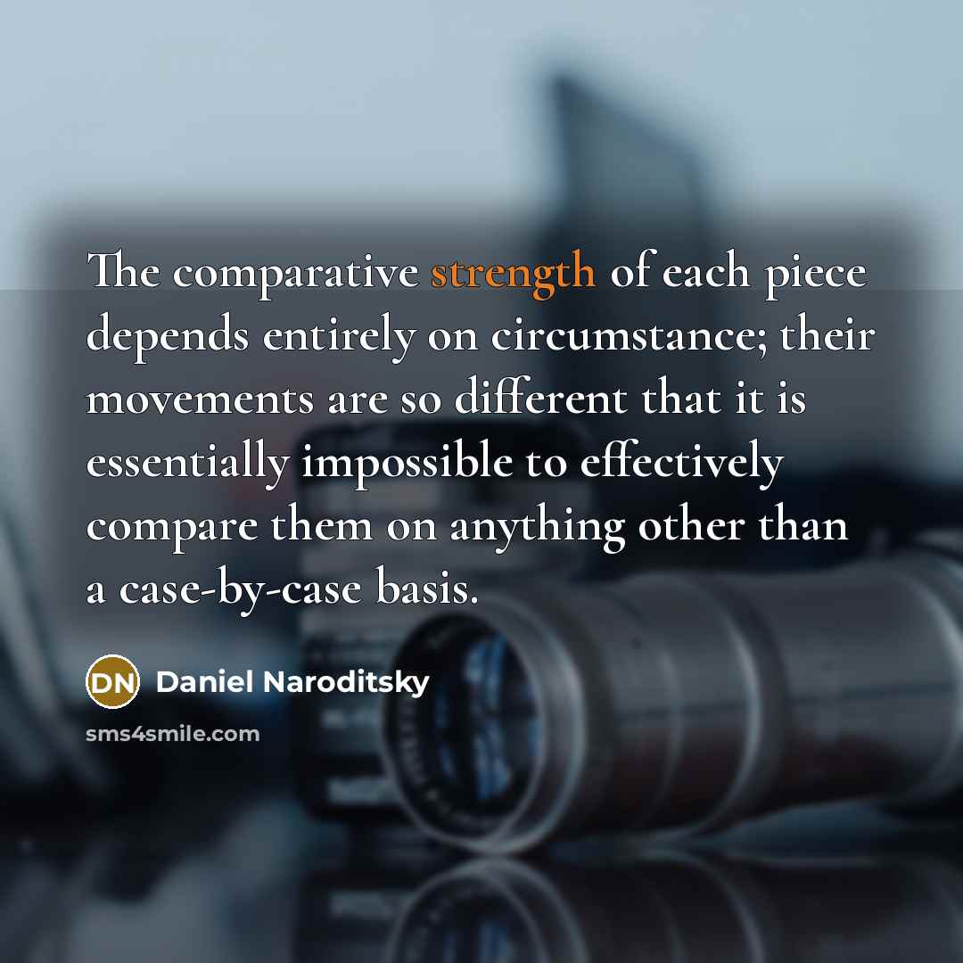 “The comparative strength of each piece depends entirely on circumstance; their movements are so different that it is essentially impossible to effectively compare them on anything other than a case-by-case basis.” quote by Daniel Naroditsky
