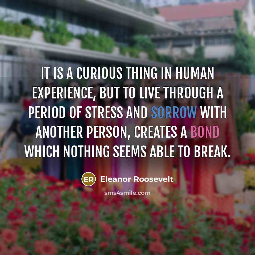 “It is a curious thing in human experience, but to live through a period of stress and sorrow with another person, creates a bond which nothing seems able to break.” quote by Eleanor Roosevelt